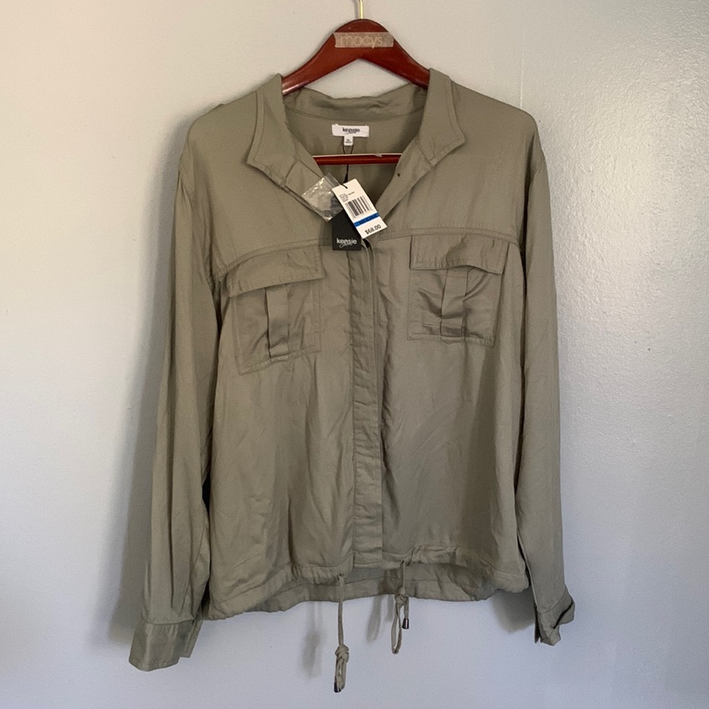 NWT Kensie Jeans 100% Modal Utility Jacket in Shadow Khaki Green Drawstring